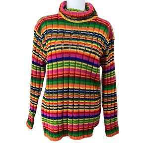 Vibrant VTG Knit Festival Striped 70s Turtleneck Rainbow Slouchy Sweater